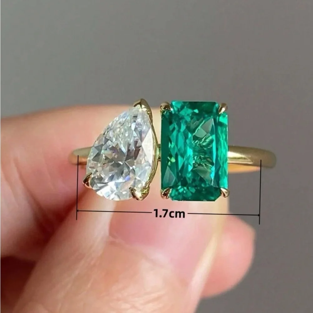 Gorgeous 14K Gold Double Stone Toi Et Moi Emerald Green Ring Mult. Sizes New - Picture 4 of 4